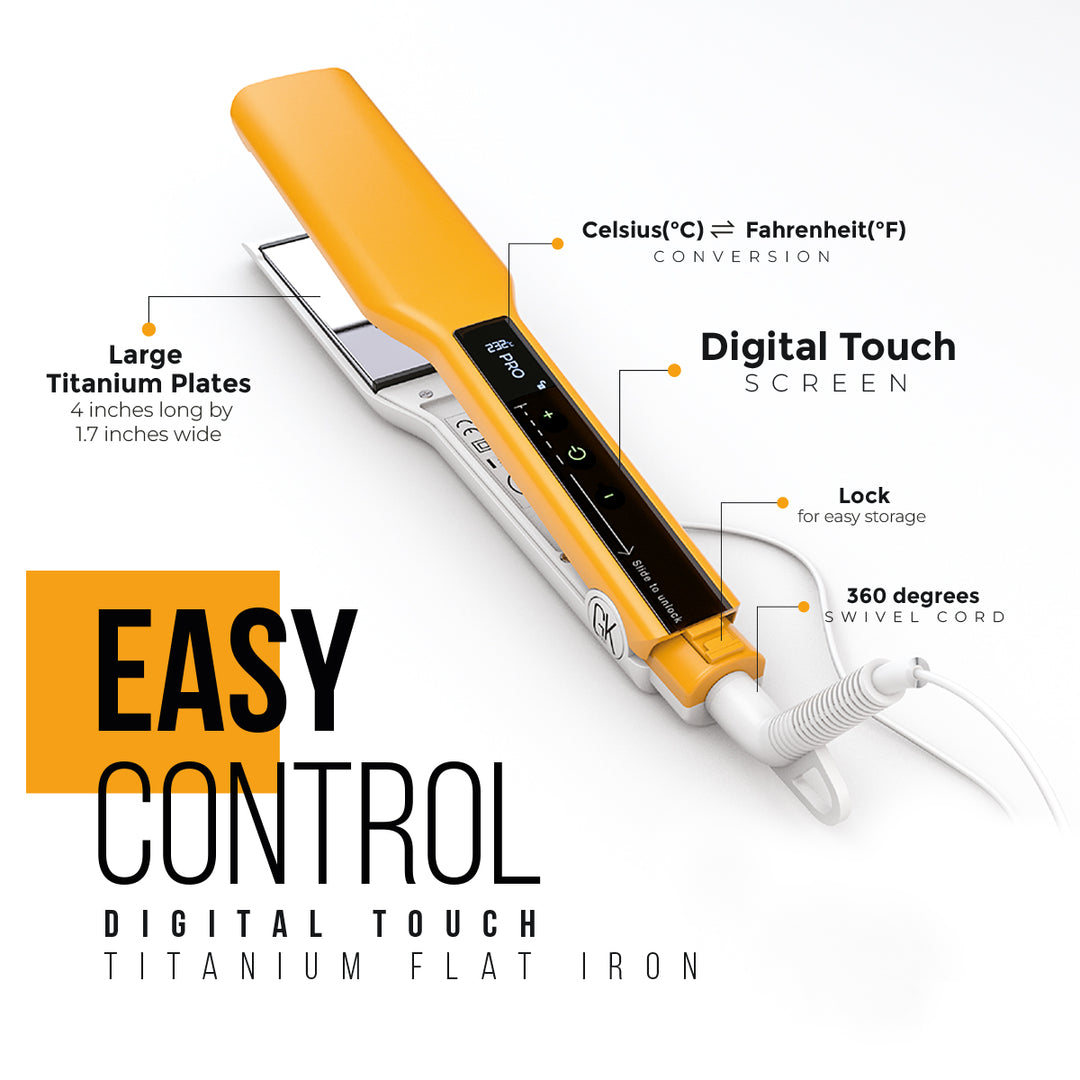 Easy Control Digital Touch Titanium Flat Iron: 4 x 1.7 inch titanium plates, C to F conversion, touch screen, lock, 360 swivel cord
