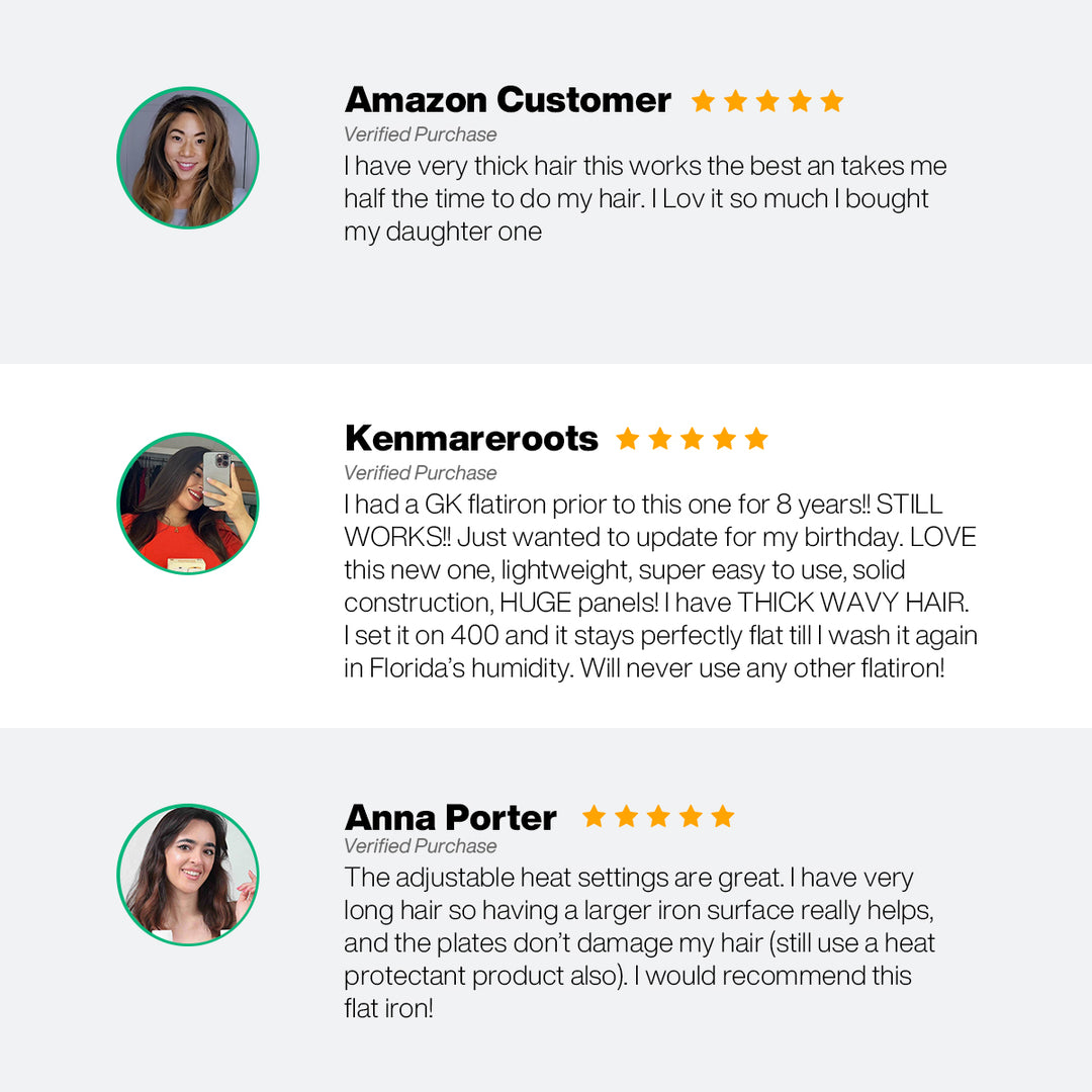 Three five-star verified flat iron reviews praising halved styling time, light weight, large plates and adjustable heat