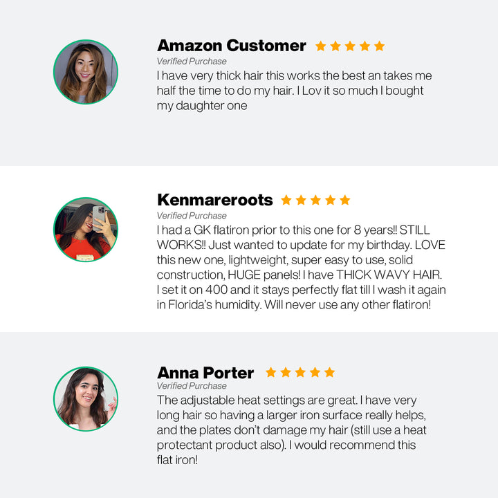 Three five-star verified flat iron reviews praising halved styling time, light weight, large plates and adjustable heat
