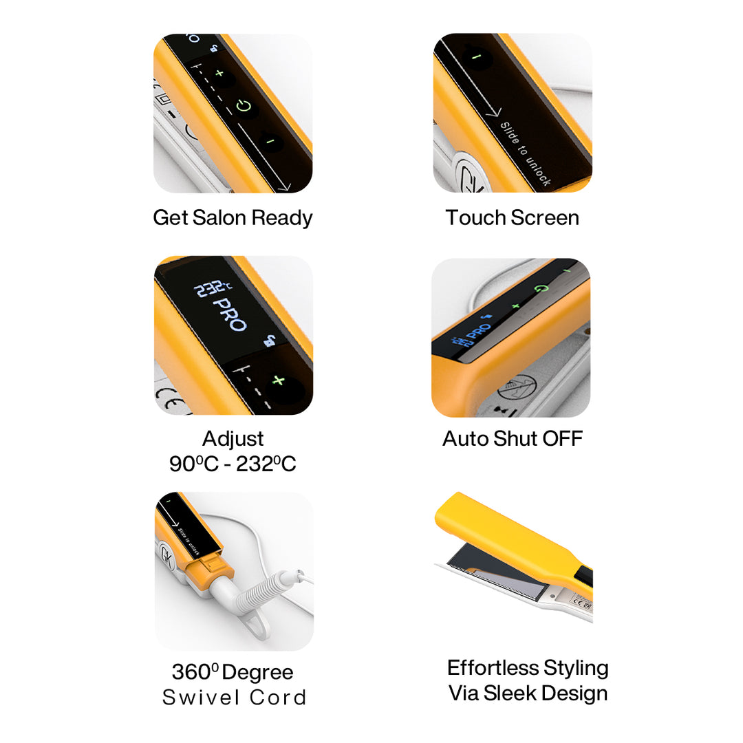 Six Easy Control iron close-ups: Get Salon Ready, Touch Screen, Adjust 90-232C, Auto Shut OFF, 360 Swivel Cord, Sleek Design