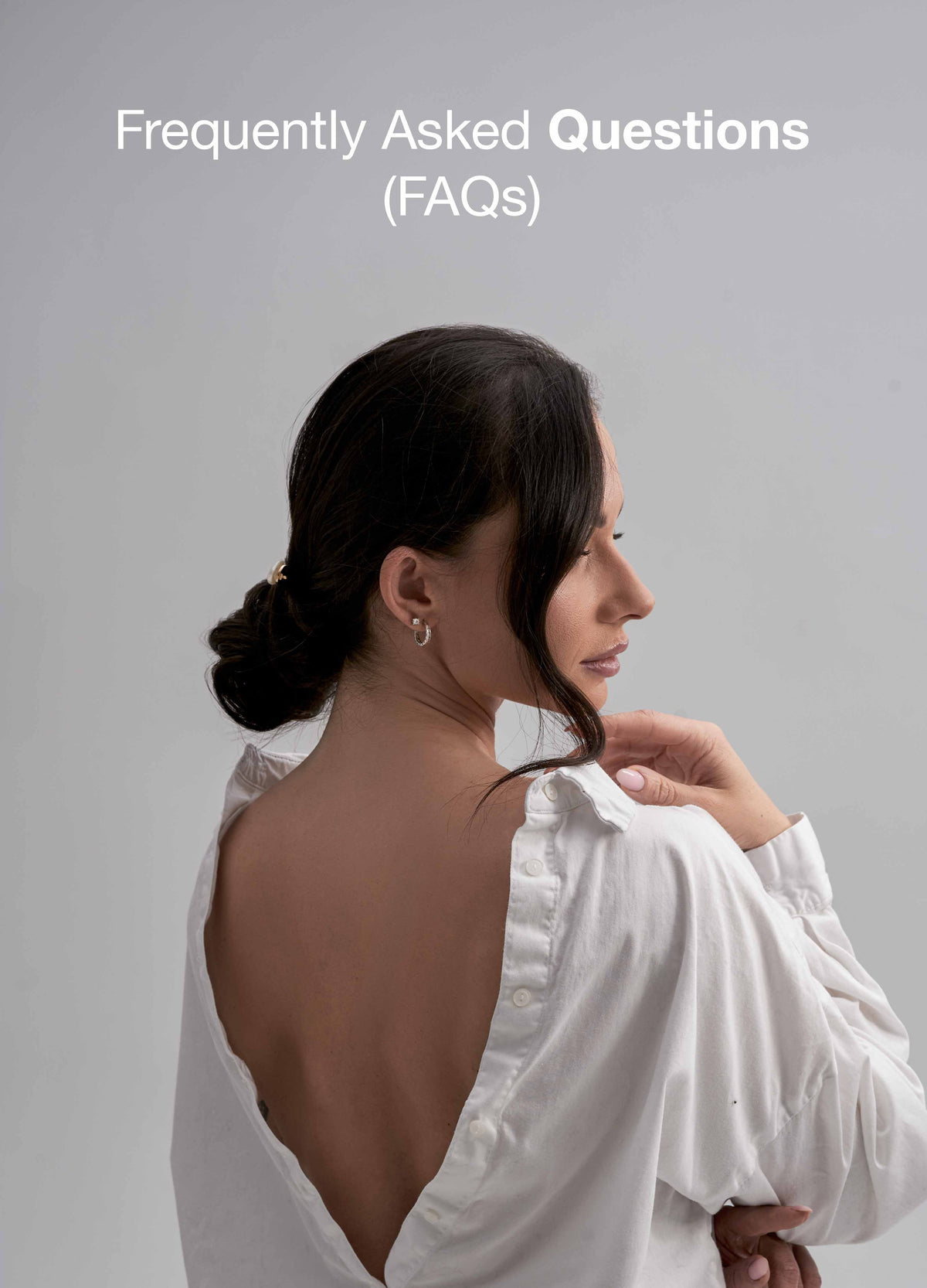 'Frequently Asked Questions (FAQs)' banner: woman seen from behind in a white off-shoulder top, hair in a low bun