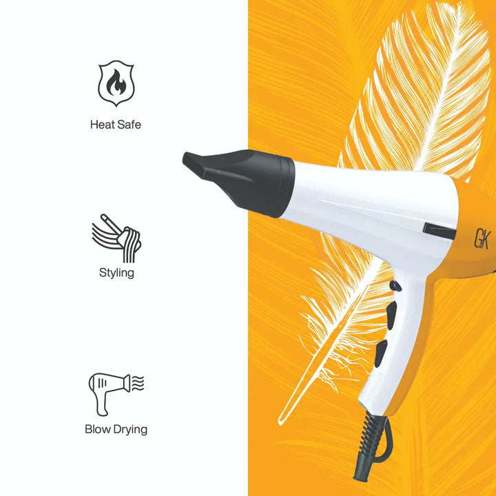 White and orange GK blow dryer over an orange feather graphic, beside three icons: Heat Safe, Styling, Blow Drying