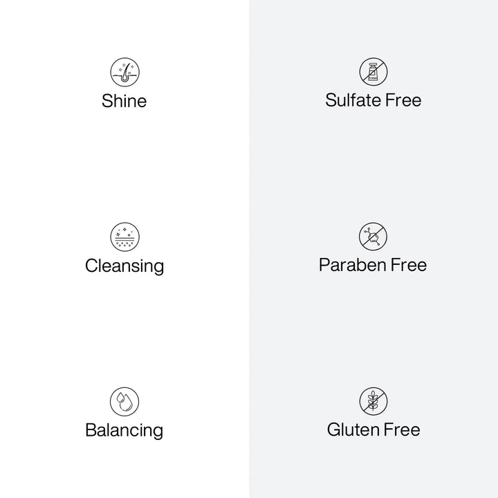 Six-icon benefit panel: Shine, Cleansing, Balancing, Sulfate Free, Paraben Free and Gluten Free