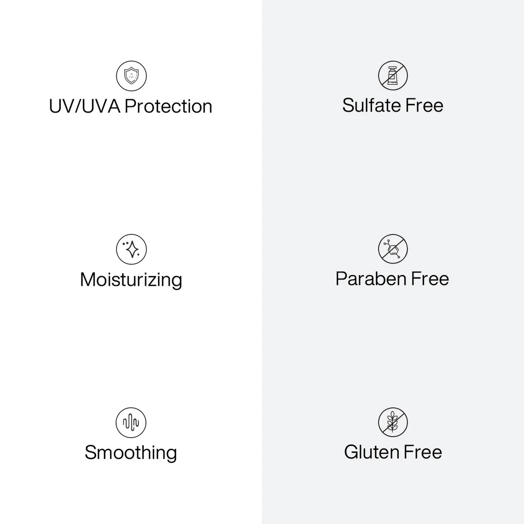 Vegan Shampoo and Conditioner icons: UV/UVA Protection, Sulfate Free, Moisturizing, Paraben Free, Smoothing, Gluten Free
