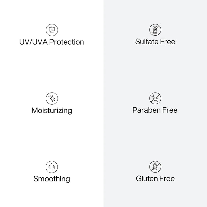 Vegan Shampoo and Conditioner icons: UV/UVA Protection, Sulfate Free, Moisturizing, Paraben Free, Smoothing, Gluten Free