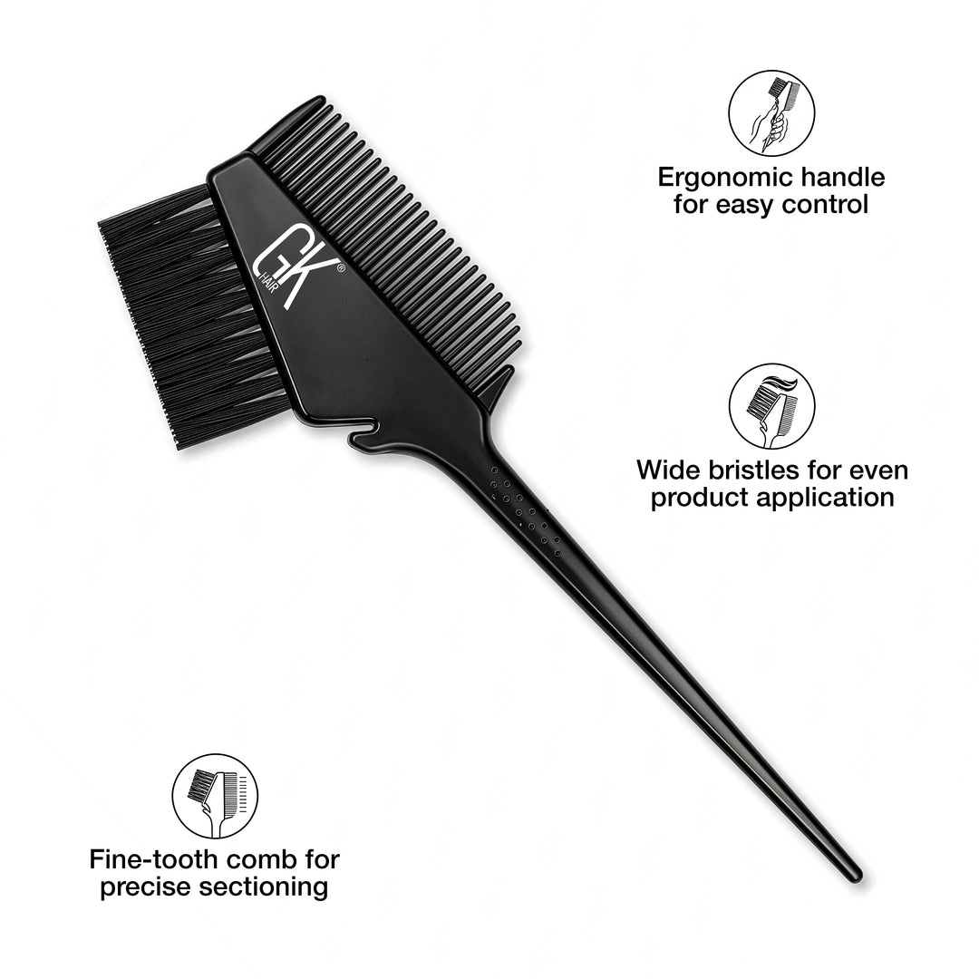 Features graphic for the black GK Hair brush-and-comb: ergonomic handle, wide bristles for even application, fine-tooth comb for sectioning