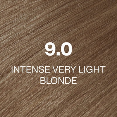 Text '9.0 Intense Very Light Blonde' on a brown hair color swatch.