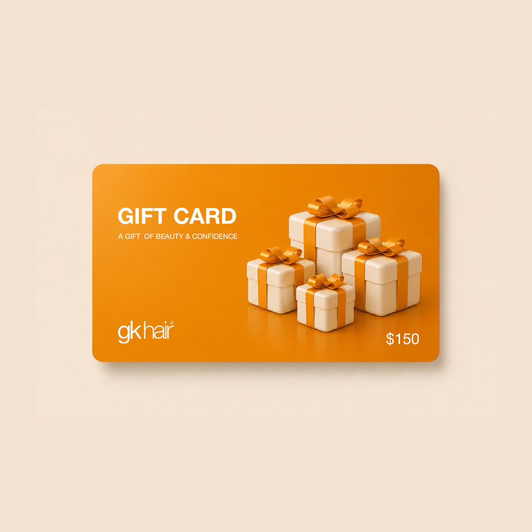 Orange gift card with 3D white gift boxes and gold ribbons on a beige background