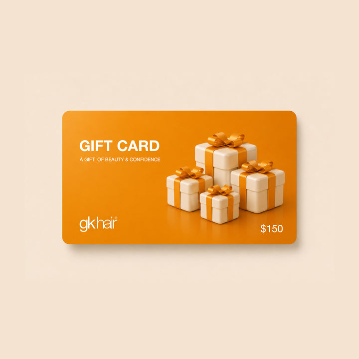 Orange gift card with 3D white gift boxes and gold ribbons on a beige background