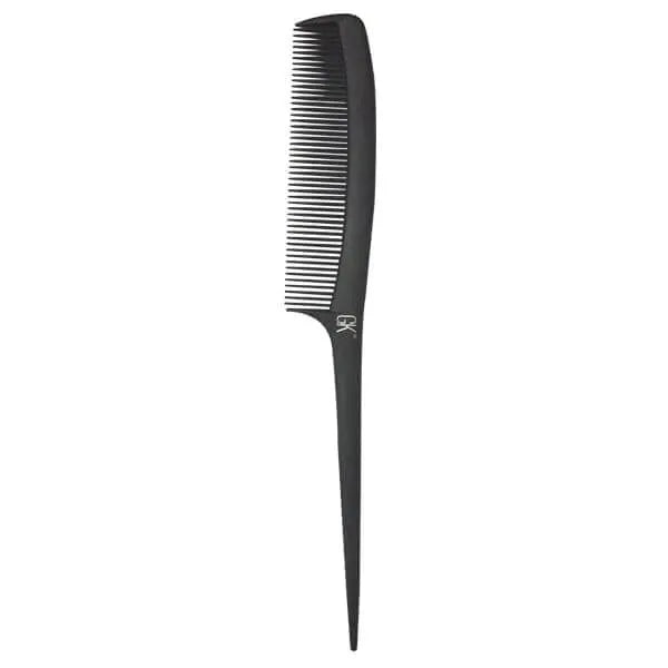 Black GK fine-tooth tail comb with a long pointed handle, standing upright on a white background