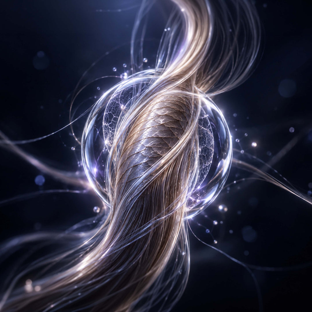Abstract graphic of a glowing twisted strand of hair wrapped in streaks of light and scattered sparks on black