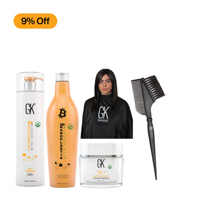 GK Hair professional set including shampoo, nanoplastia treatment, deep conditioner, and a comb, with a "9% Off" tag.