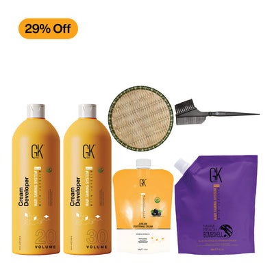 GK Hair's Professional Lightening set including Volume Developer, Miami Beach Bombshell Blue Balayage Lightening Powder, Cream Developer and Application Brush Comb with a "20% Off" tag. 