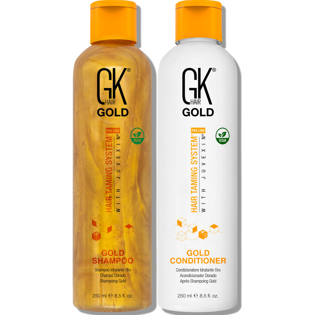 Bottle of GK Hair Gold Shampoo and Conditioner featuring a vegan formula, designed for hair taming with Juvexin, 250 ml size.