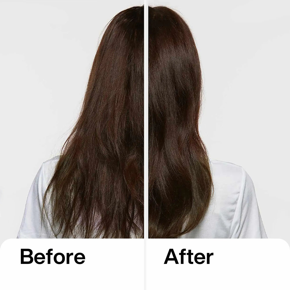 Before and after from behind: dry frizzy dark brown hair labeled Before on the left, smooth glossy hair labeled After on the right