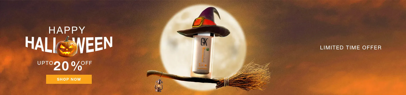 Halloween 2025 GK Hair promotional banner with a witch hat, broom, and full moon on an orange and brown gradient background.