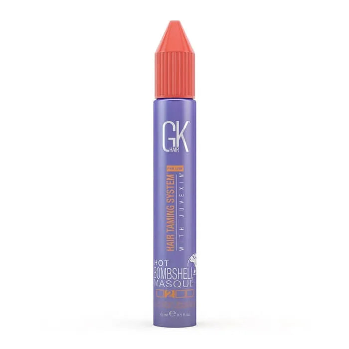 GK Hair Hot Bombshell Masque purple tube with a coral pointed cap, front view on white