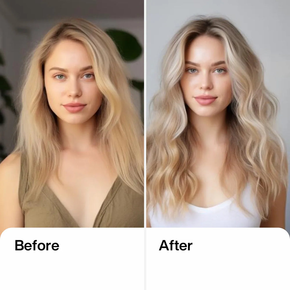 GK Hair Hot Bombshell Masque Pro before and after: dull frizzy blonde on the left, smooth glossy blonde waves on the right