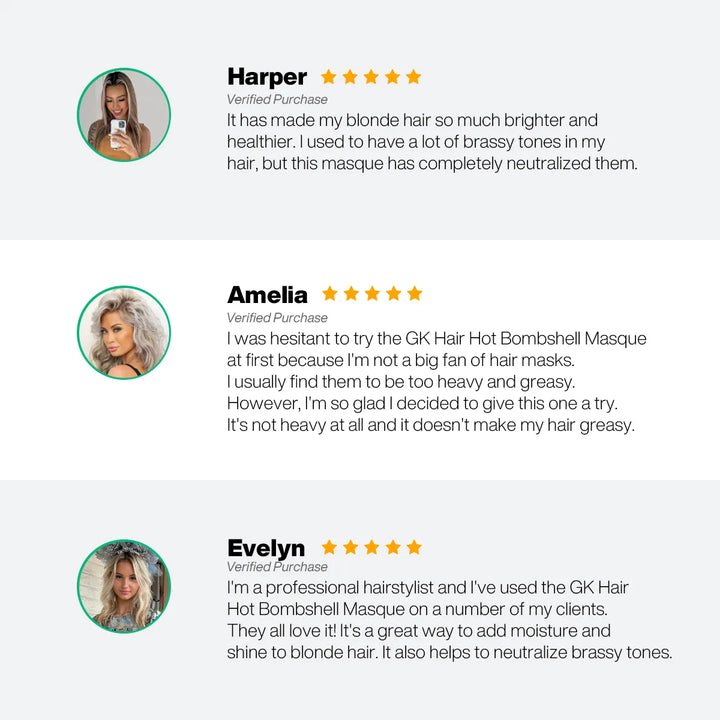 Three five-star reviews of GK Hair Hot Bombshell Masque Pro: Harper and Evelyn on neutralized brass, Amelia on it not feeling heavy