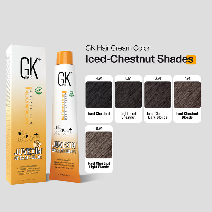 GK Hair Cream Color packaging with color swatches on a gray background