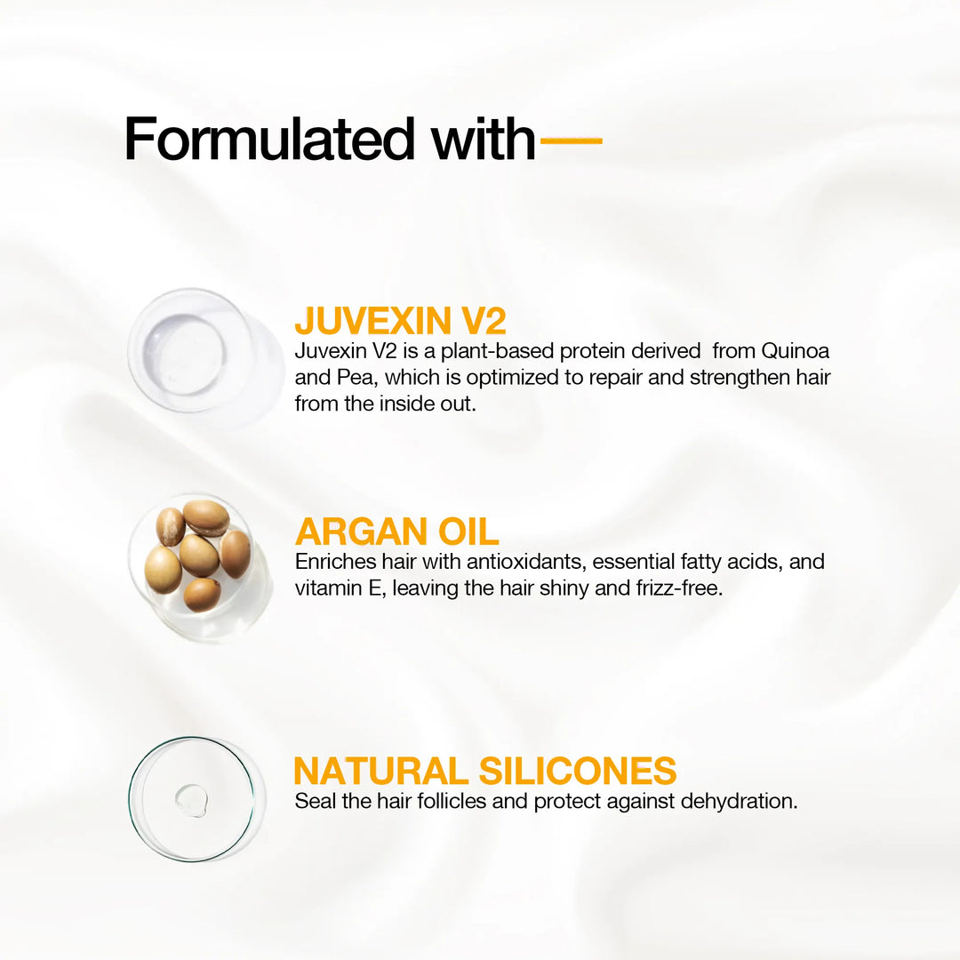 Formulated with: Juvexin V2 plant protein from quinoa and pea, Argan Oil with vitamin E, and Natural Silicones to seal hair