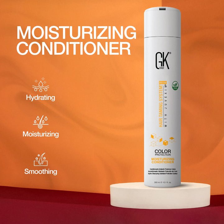 GK Hair Color Protection Moisturizing Conditioner 300 ml on orange, with Hydrating, Moisturizing and Smoothing icons