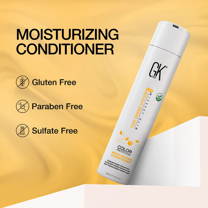 GK Hair Color Protection Moisturizing Conditioner 300 ml tilted on yellow, with Gluten Free, Paraben Free, Sulfate Free icons