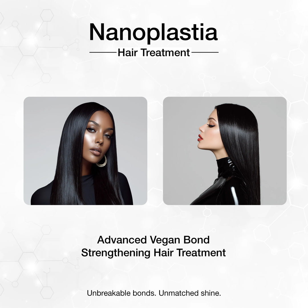 Advertisement for Nanoplastia hair treatment showing a woman with straight hair from different angles.