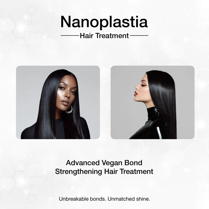 Advertisement for Nanoplastia hair treatment showing a woman with straight hair from different angles.