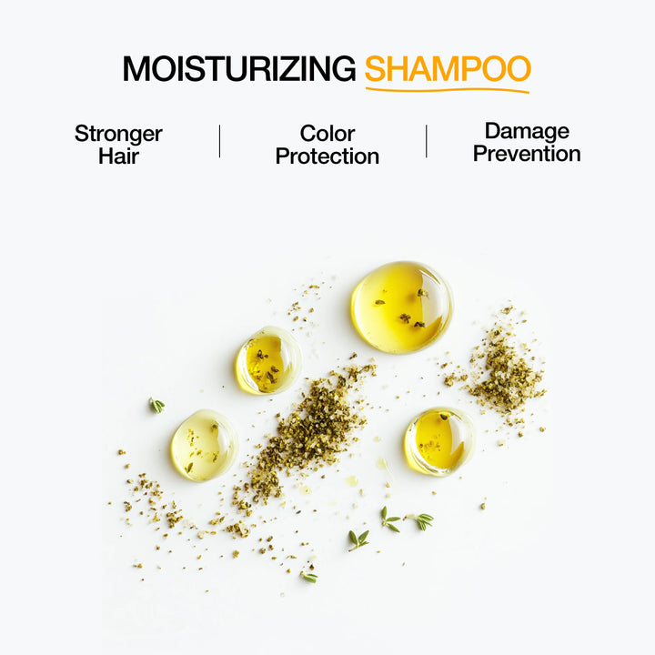 GK Hair Moisturizing Shampoo panel: Stronger Hair, Color Protection, Damage Prevention, above golden oil drops and crushed herbs