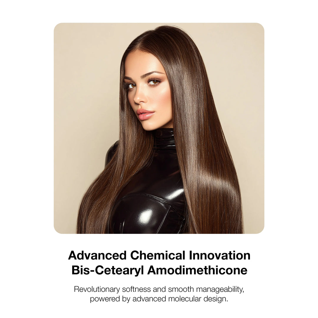 Glossy straight brown hair above "Advanced Chemical Innovation: Bis-Cetearyl Amodimethicone" for softness and manageability