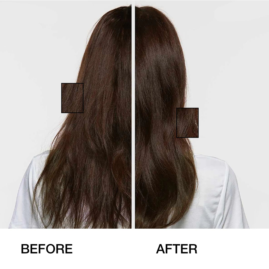 Before and after back view: frizzy dull brown lengths on the left, smooth glossy brown hair on the right, labeled BEFORE and AFTER