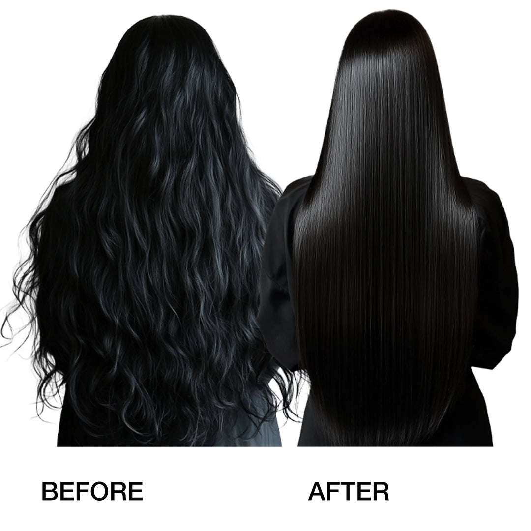 Before and after comparison of hair straightening treatment on a person with long, dark hair.