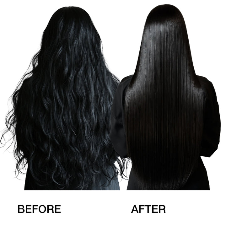 Before and after comparison of hair straightening treatment on a person with long, dark hair.