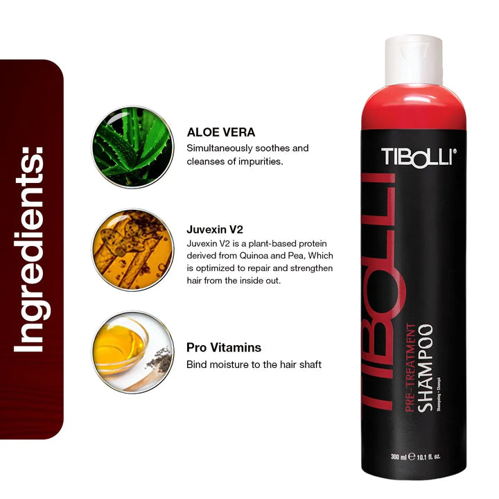 Tibolli Pre-Treatment Shampoo ingredients panel: Aloe Vera, Juvexin V2 plant protein and Pro Vitamins, with the 300 ml bottle