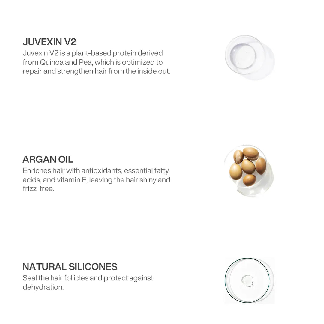 GK Hair Mini Intense Moisture Pack ingredients: Juvexin V2 plant protein, Argan Oil kernels and Natural Silicones in dishes