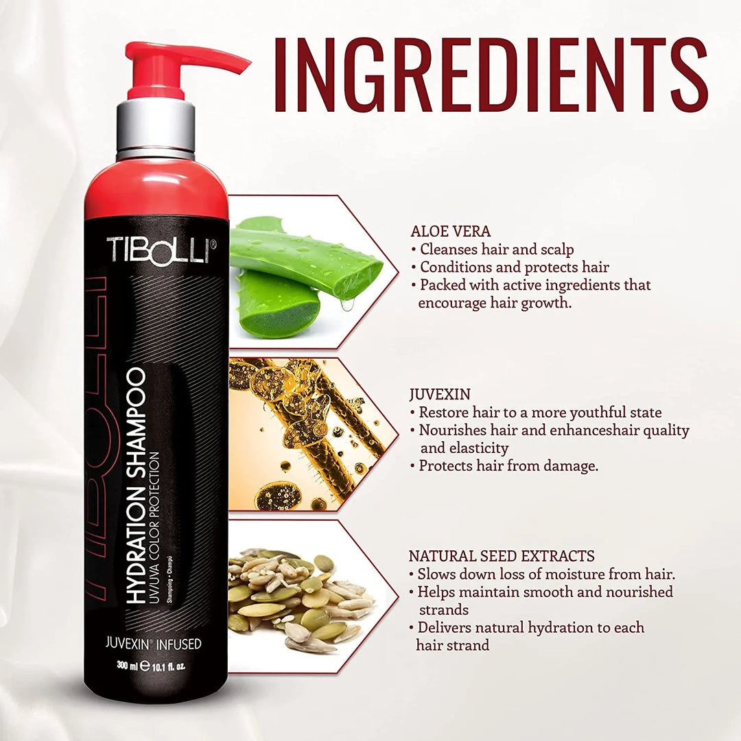 Tibolli Hydration Shampoo 300 ml black bottle with a red pump beside an ingredients panel: aloe vera, Juvexin, natural seed extracts