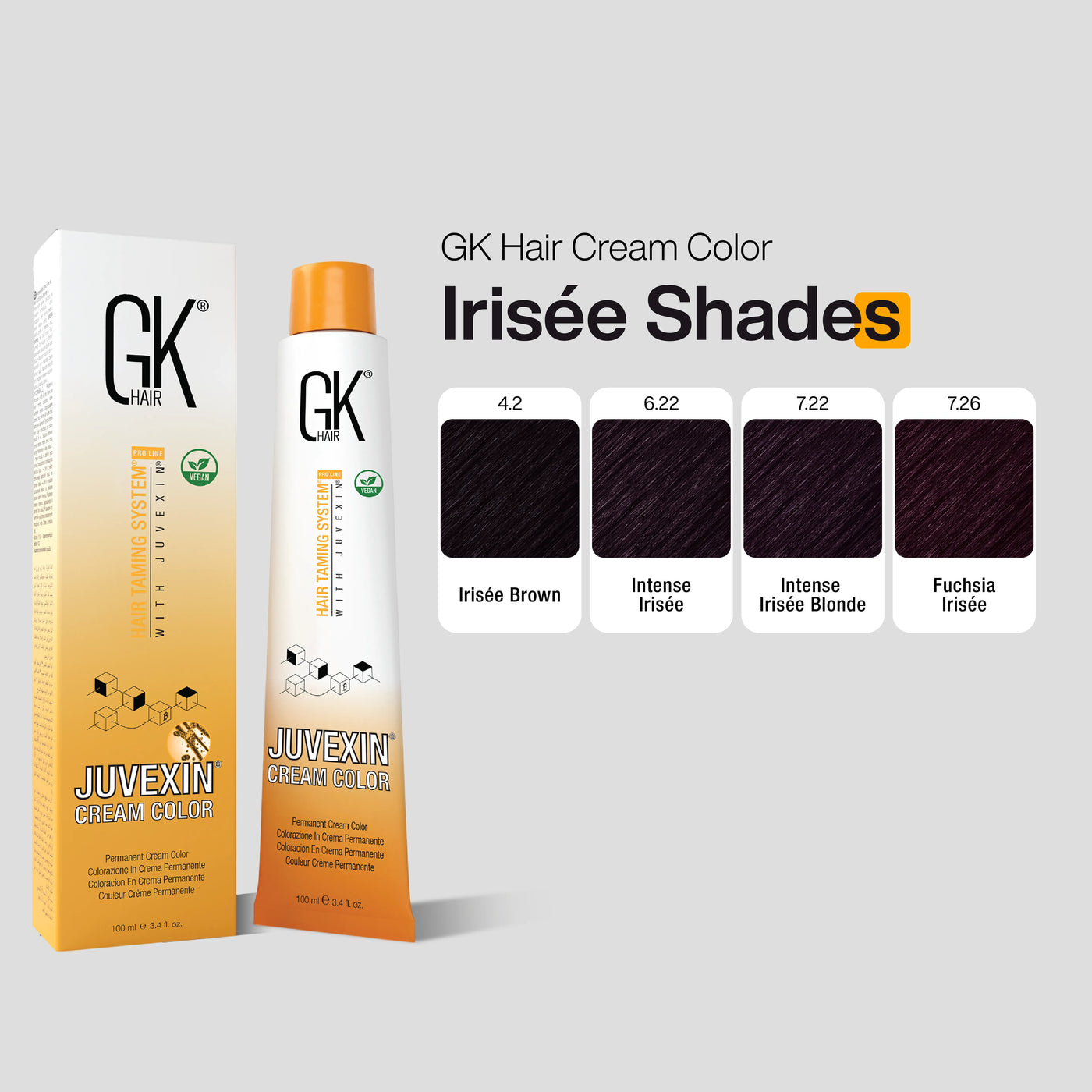 GK Hair Cream Color packaging with color swatches on a gray background