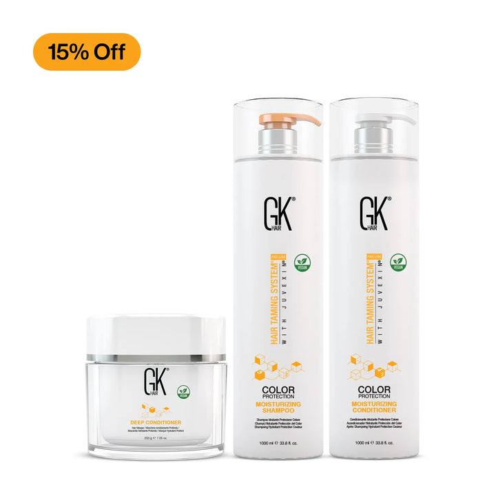 15% Off badge with GK Hair Deep Conditioner 200 g jar and Color Protection Moisturizing Shampoo and Conditioner 1000 ml pumps