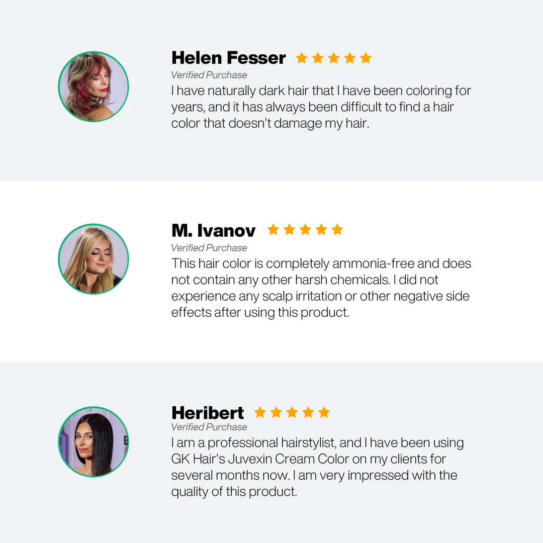 Three verified 5-star reviews: Fesser struggled to find non-damaging color, Ivanov had no scalp irritation, stylist Heribert impressed