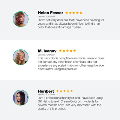 Product reviews for a hair color product with user testimonials and star ratings.
