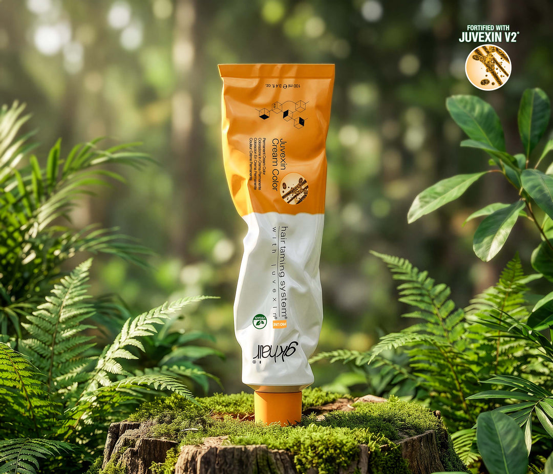 Juvexin Cream Color tube standing on a mossy stump among ferns, with a 'FORTIFIED WITH JUVEXIN V2' badge