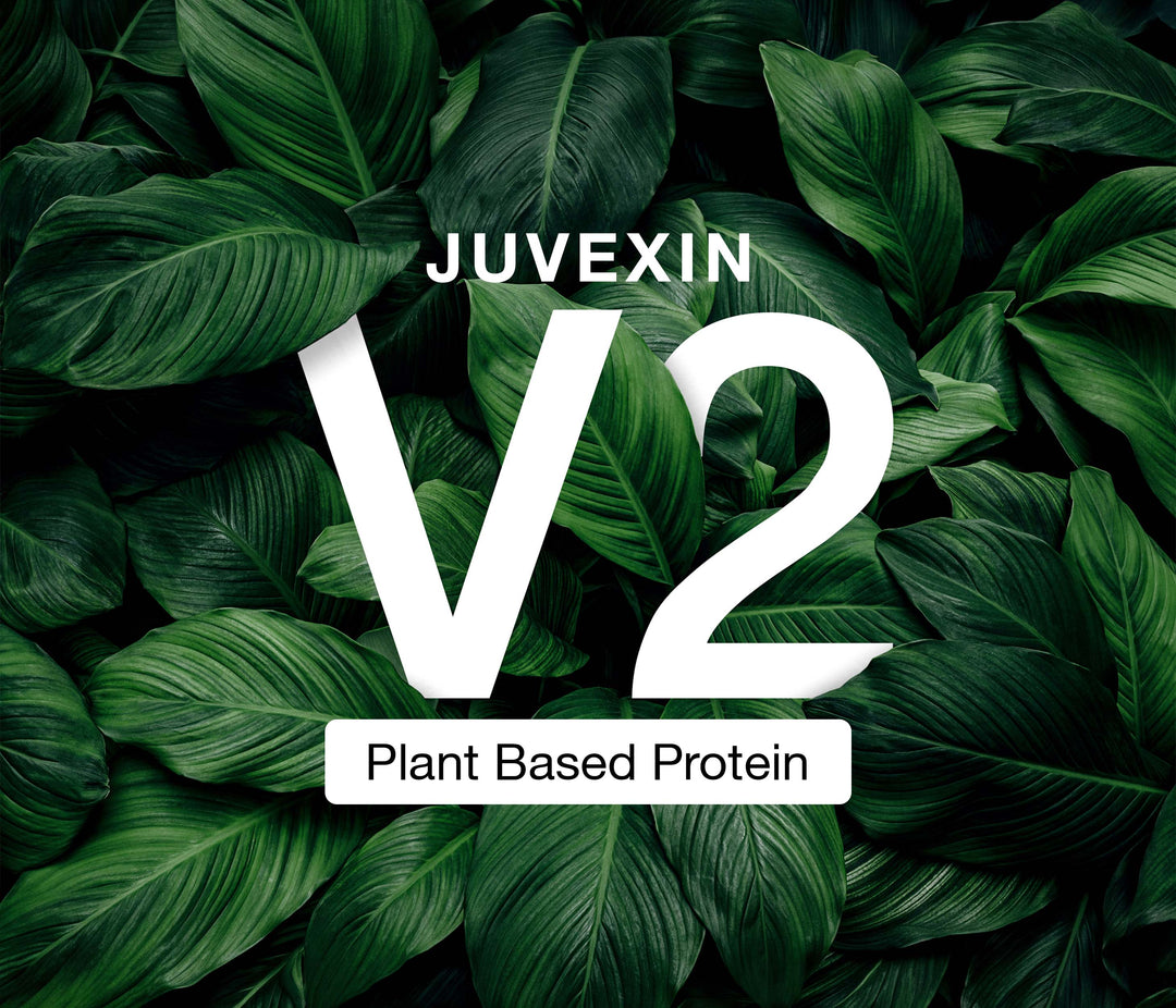 'JUVEXIN V2, Plant Based Protein' graphic in white type over a dense dark green leaf background
