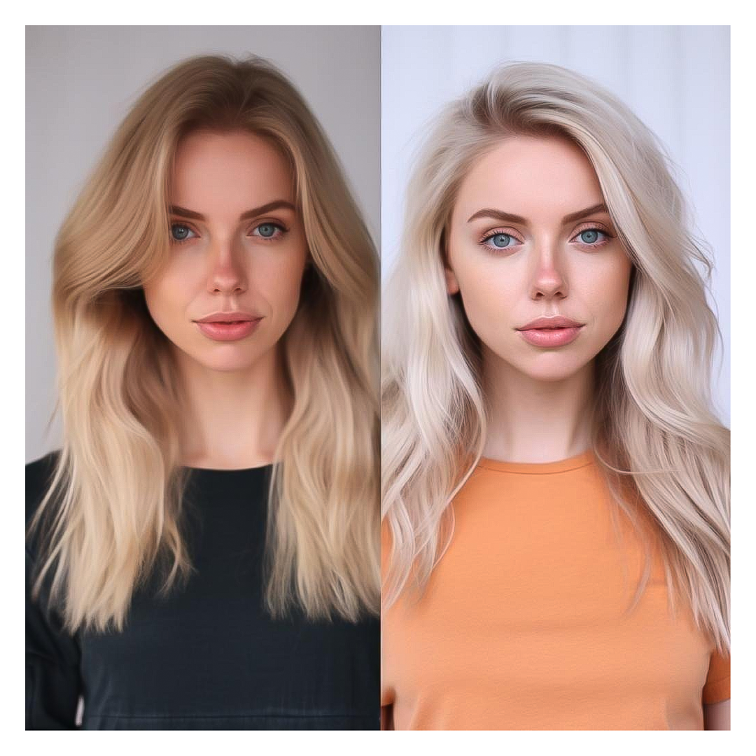Split comparison of one woman: left, warm golden-blonde hair with dark roots; right, cool platinum-blonde waves