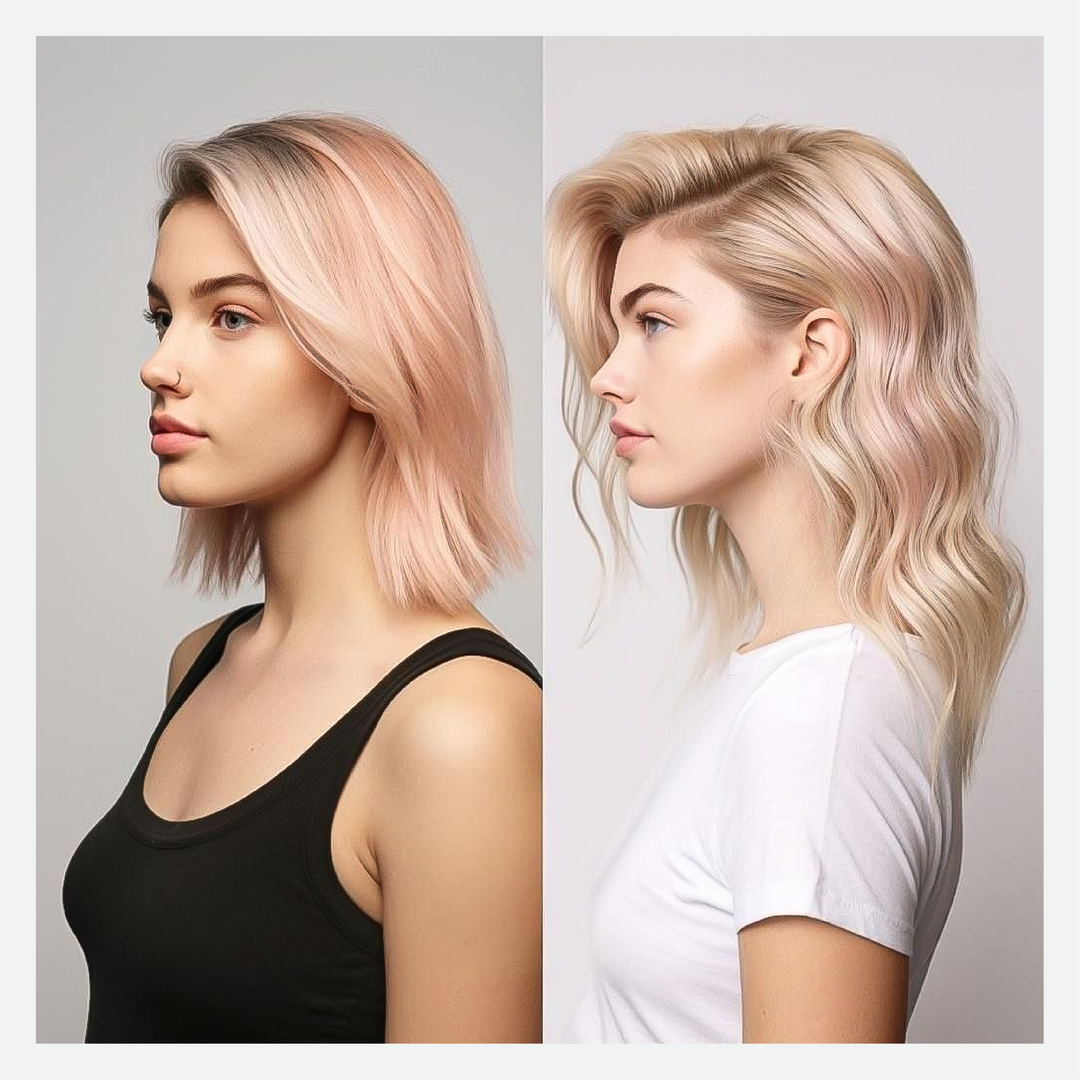 Side-by-side profiles: left, pastel rose-pink bob on gray; right, longer pale blonde waves with a pink cast, white tee