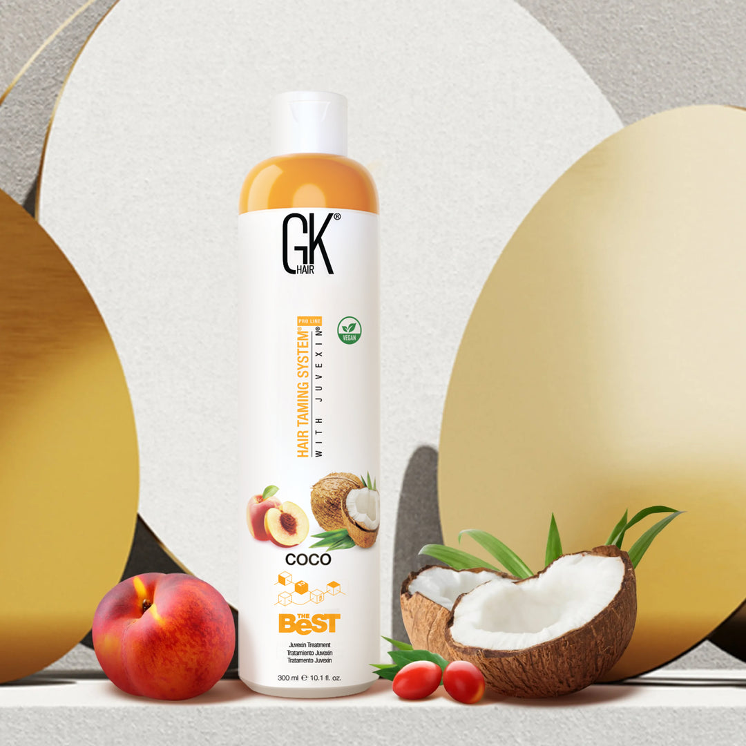 GK Hair The Best Coco 300 ml bottle carrying a green Vegan badge and orange The Best logo, peach and halved coconut alongside
