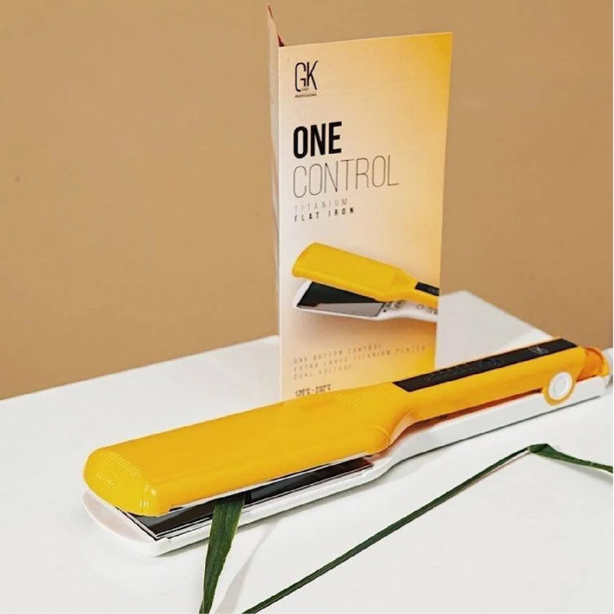 Yellow ONE CONTROL Titanium Flat Iron and GK Hair leaflet listing One Button Control, Extra Large Titanium Plates, Dual Voltage