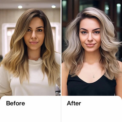 A lady before and after using Leave-In Bombshell Cream
