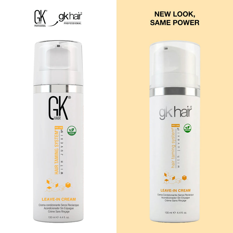 GK Hair Leave-In Cream 130 ml pump bottles side by side, older label and new gkhair label, headline New Look, Same Power