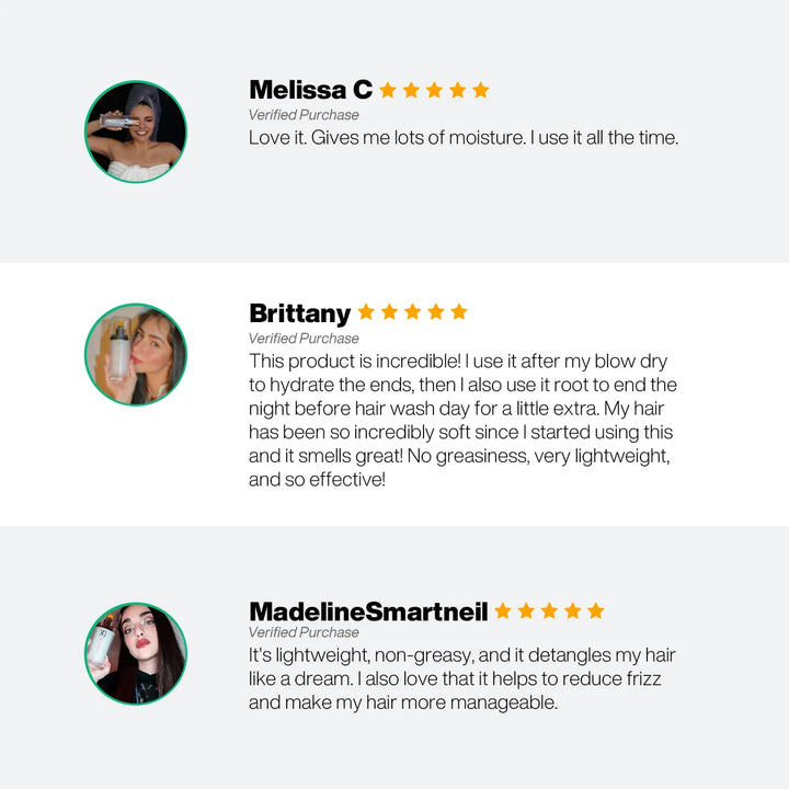 Three five-star verified purchase reviews of GK Hair Leave-In Spray praising moisture, softness, detangling and no greasiness